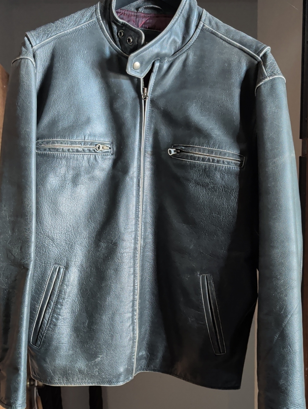 Men's Black Leather Bomber Jacket with Stand Collar